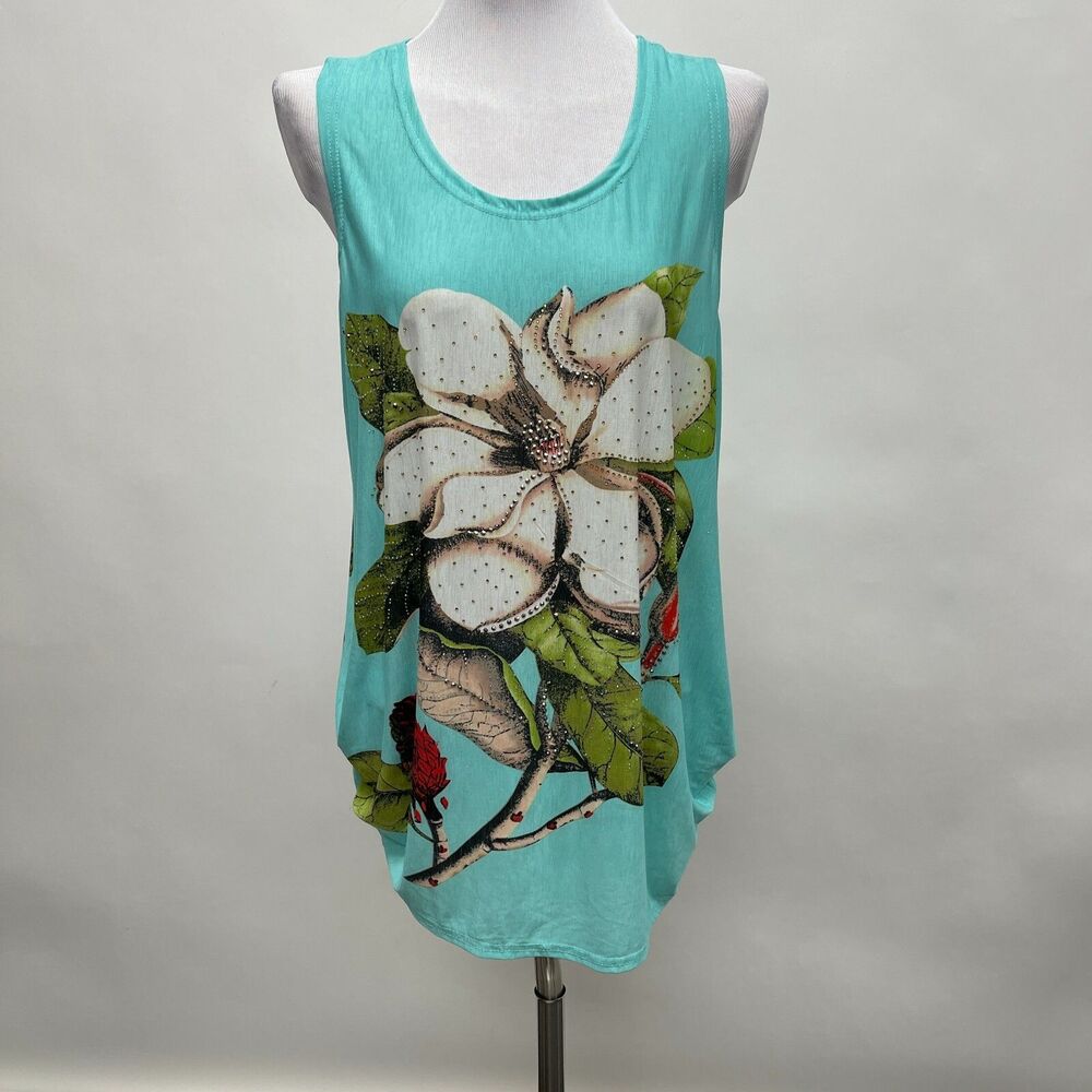 Aronia Women's‎ Top Size 1XL Multicolor Blue Green White Red Floral Sleeveless